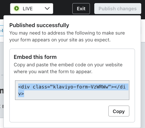 The Published successfully modal showing for a recently published form with the embed code highlighted to copy.