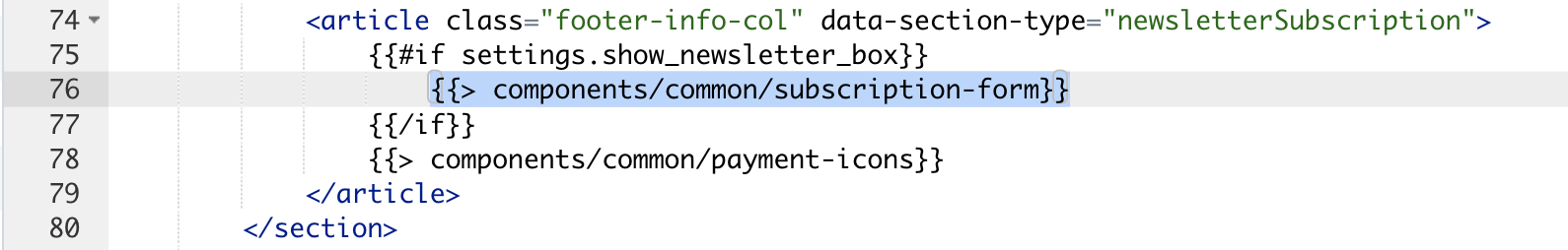 The file path for the newsletter form referenced within an example site's footer file.