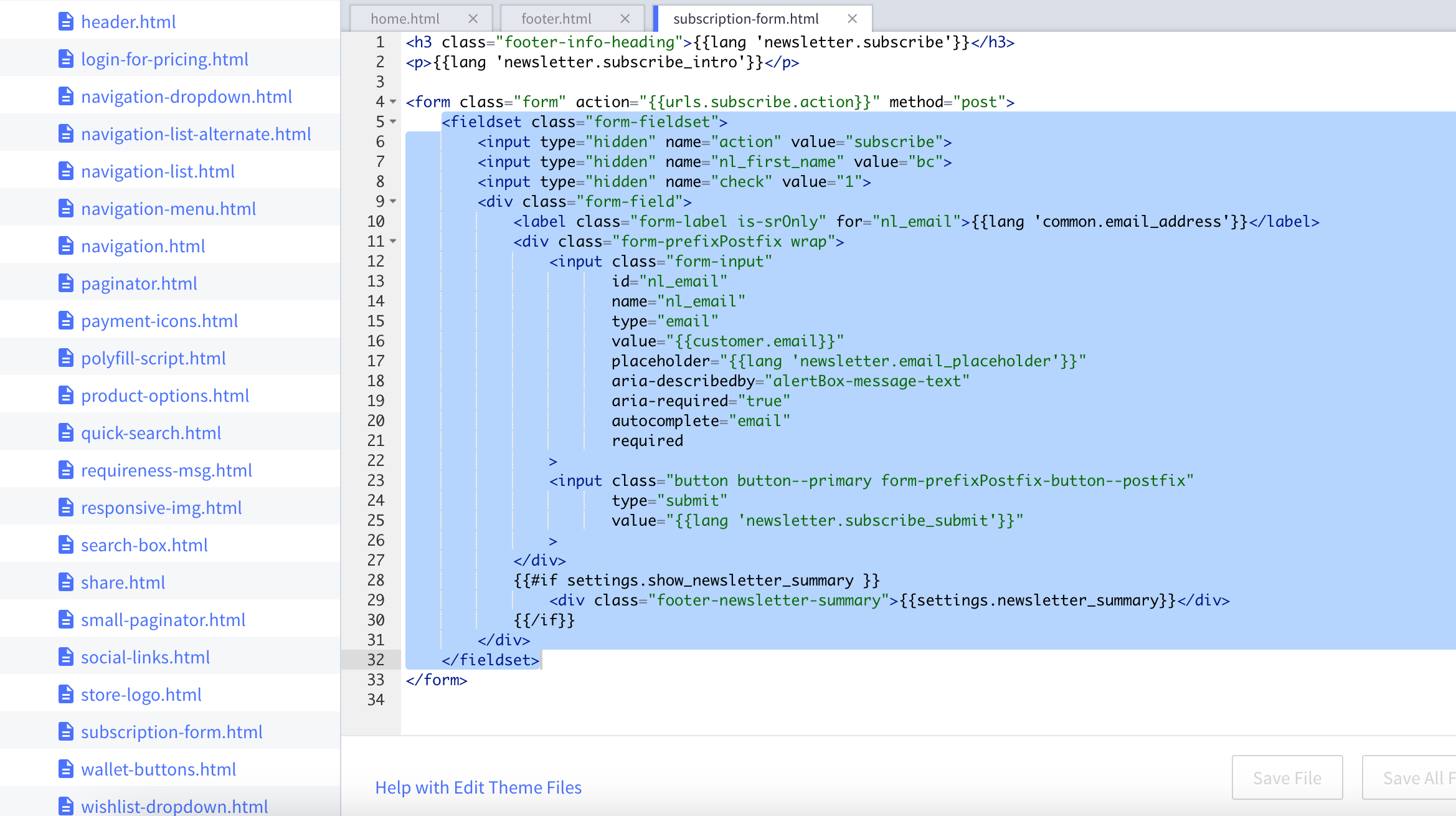 The subscription-form file for an example website showing the default form input highlighted within the form tags.