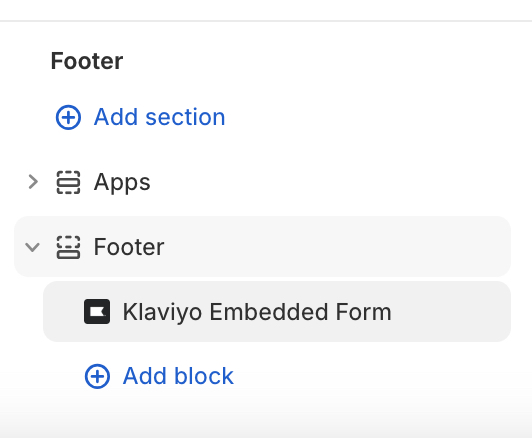 Une page d'espoir de Shopify point de vente ouverte dans l'éditeur de thème et montrant une application Klaviyo Embedded Form dans la section Footer.