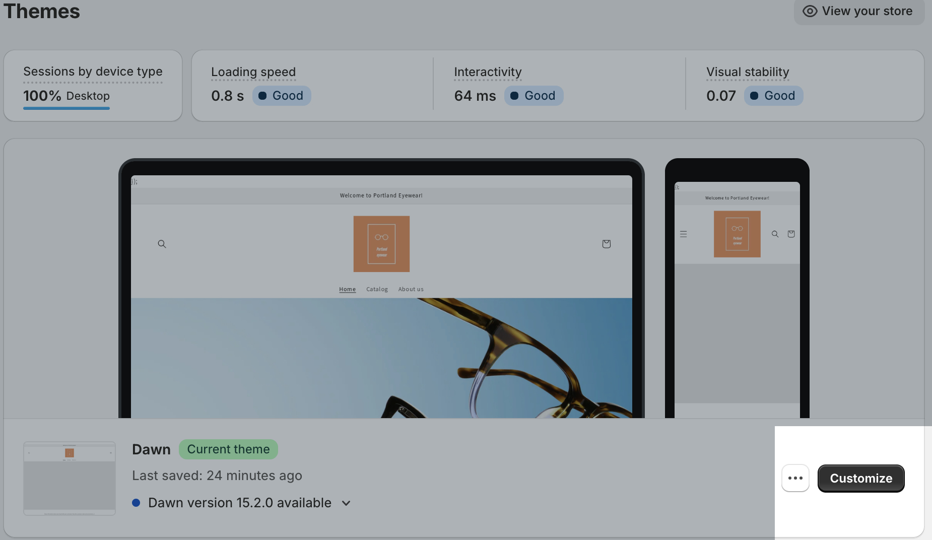 El menú Temas en un ejemplo de panel de Shopify mostrando el botón Personalizar resaltado para hacer clic.