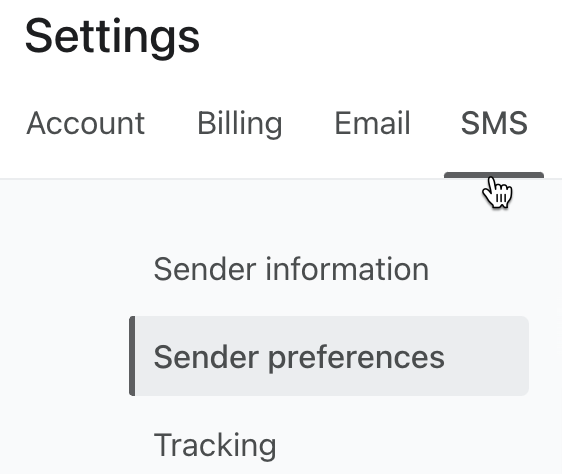 Page des préférences de l'expéditeur sous Paramètres SMS