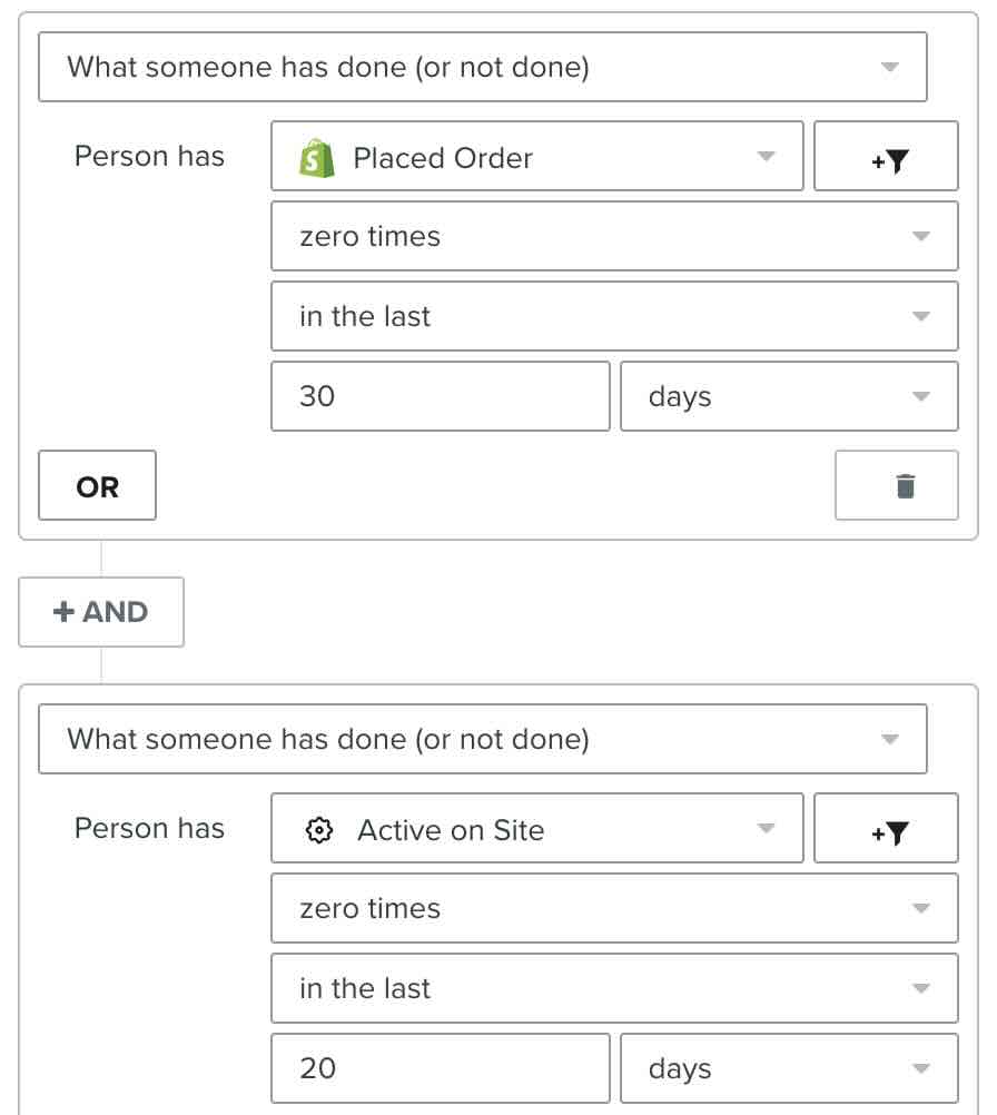 Example flow where someone must not have placed an order since entering the flow and has not been active on your site in the last 20 days