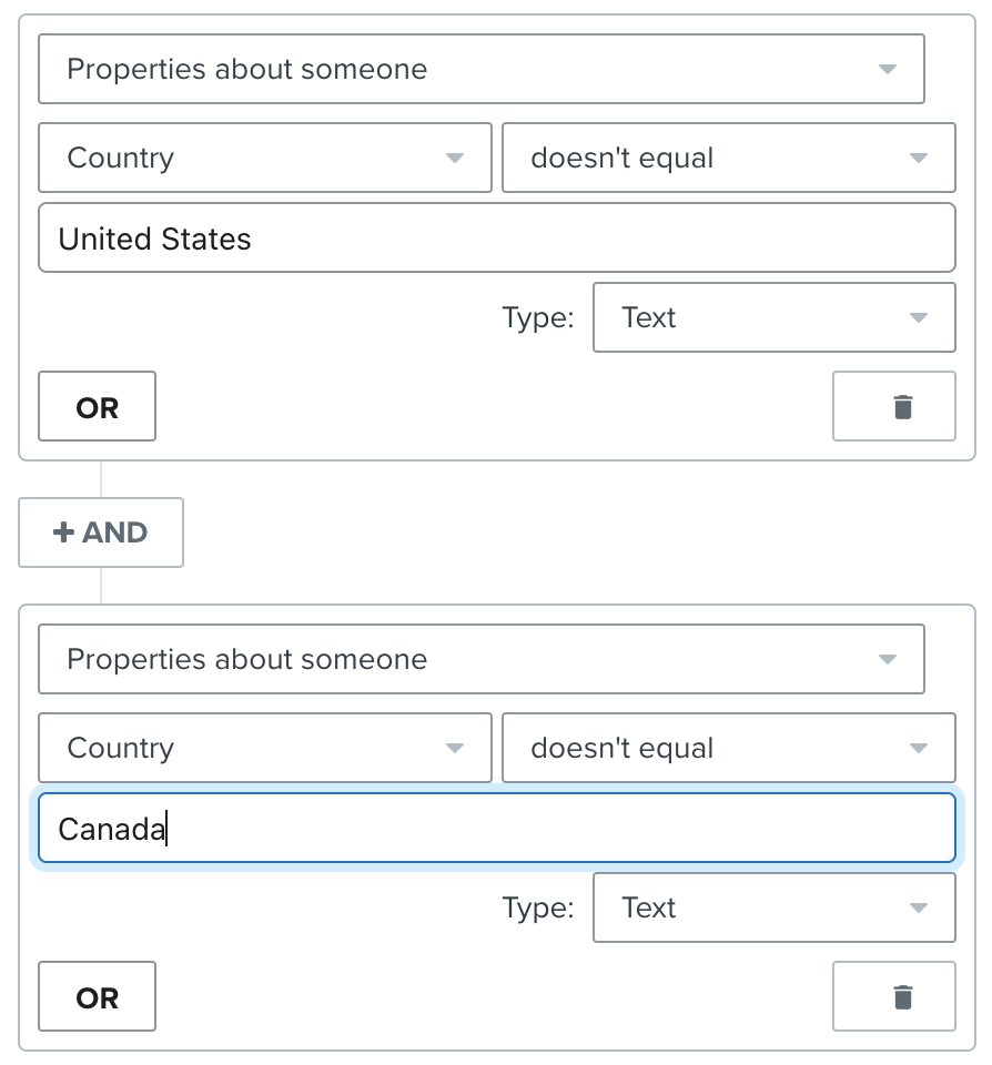 Correct setup of a flow trigger where Country doesn't equal US or Canada, using the AND connector