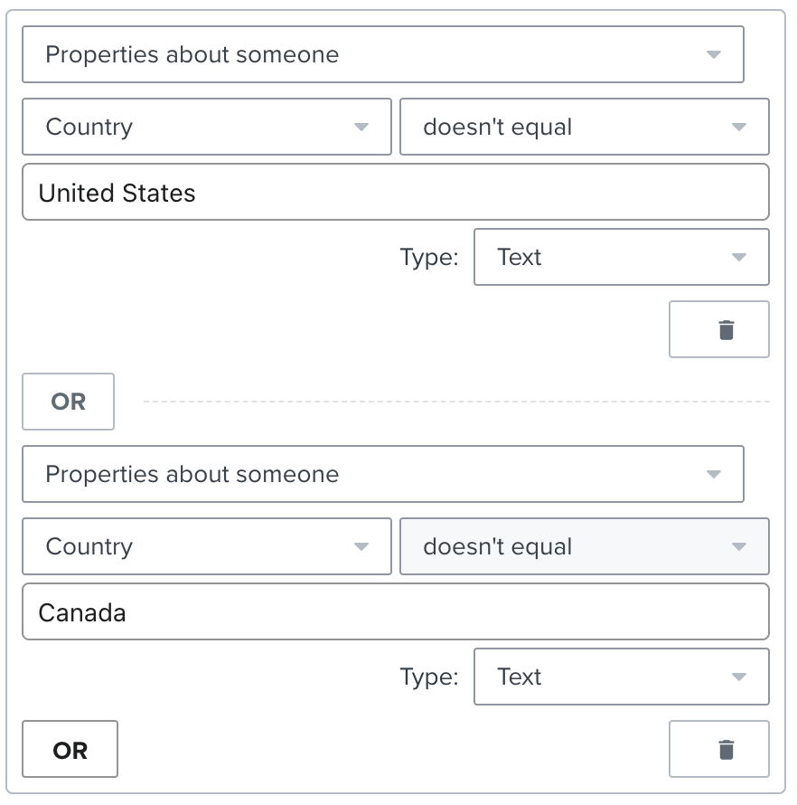 Configuración incorrecta de un activador de flujo donde Country no es igual a US o Canadá, utilizando el conector OR