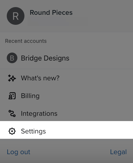 Settings page in account menu