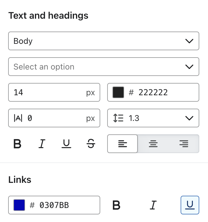 The Text and headings section