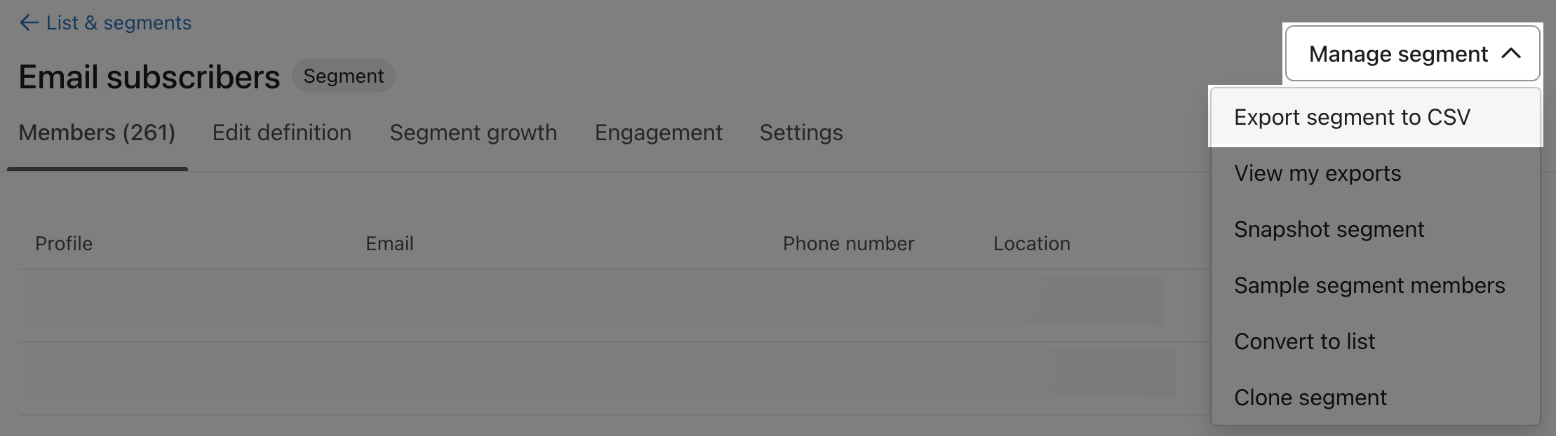 In a Klaviyo segment, the Manage segment menu is open with the Export segment to CSV option highlighted