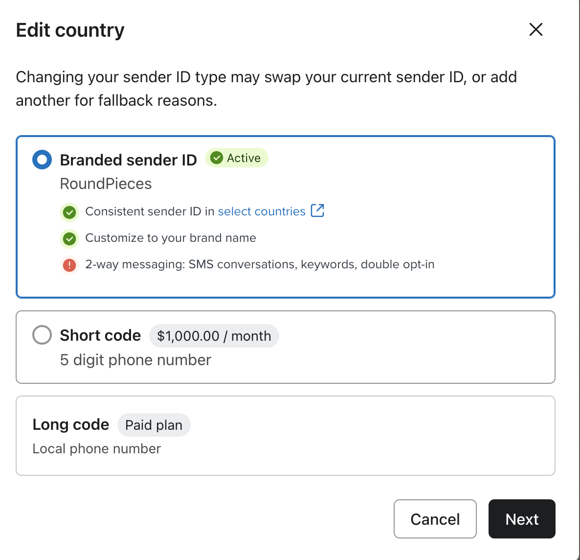 Edit sending number for a country