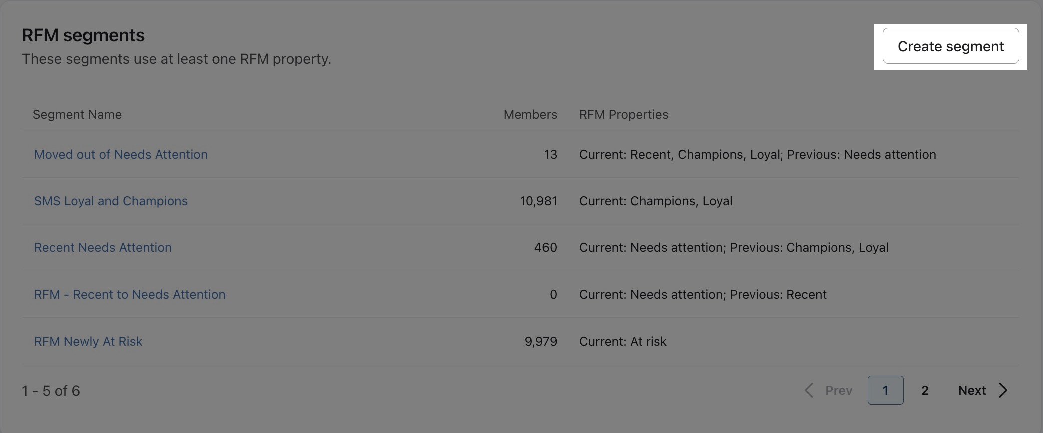 Create segment button on RFM card