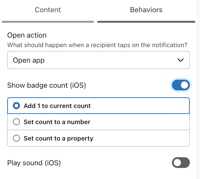 Pestaña Comportamientos al crear una notificación push