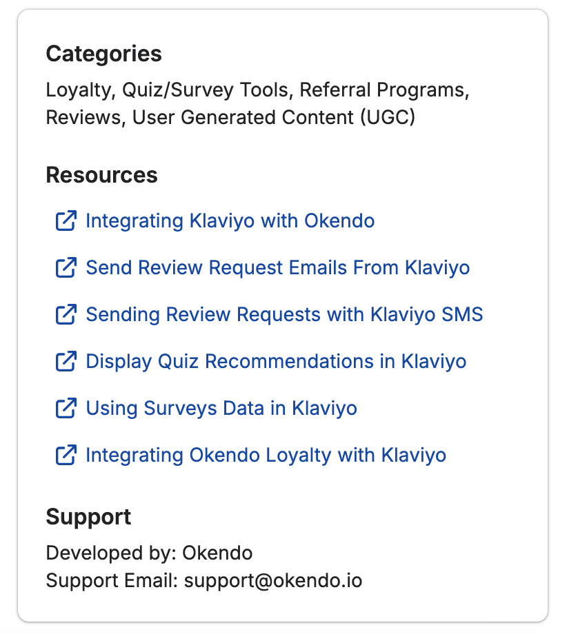 The Categories menu on Okendo's page in Klaviyo's Integration Directory.