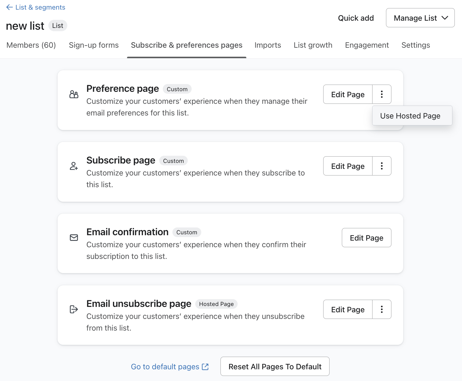 A guia inscrever-se & páginas de preferências para um exemplo de lista em Klaviyo mostrando o menu de ações adicionais aberto na página de preferências.