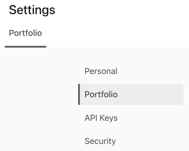 Página de configurações, destacando a guia portfólio