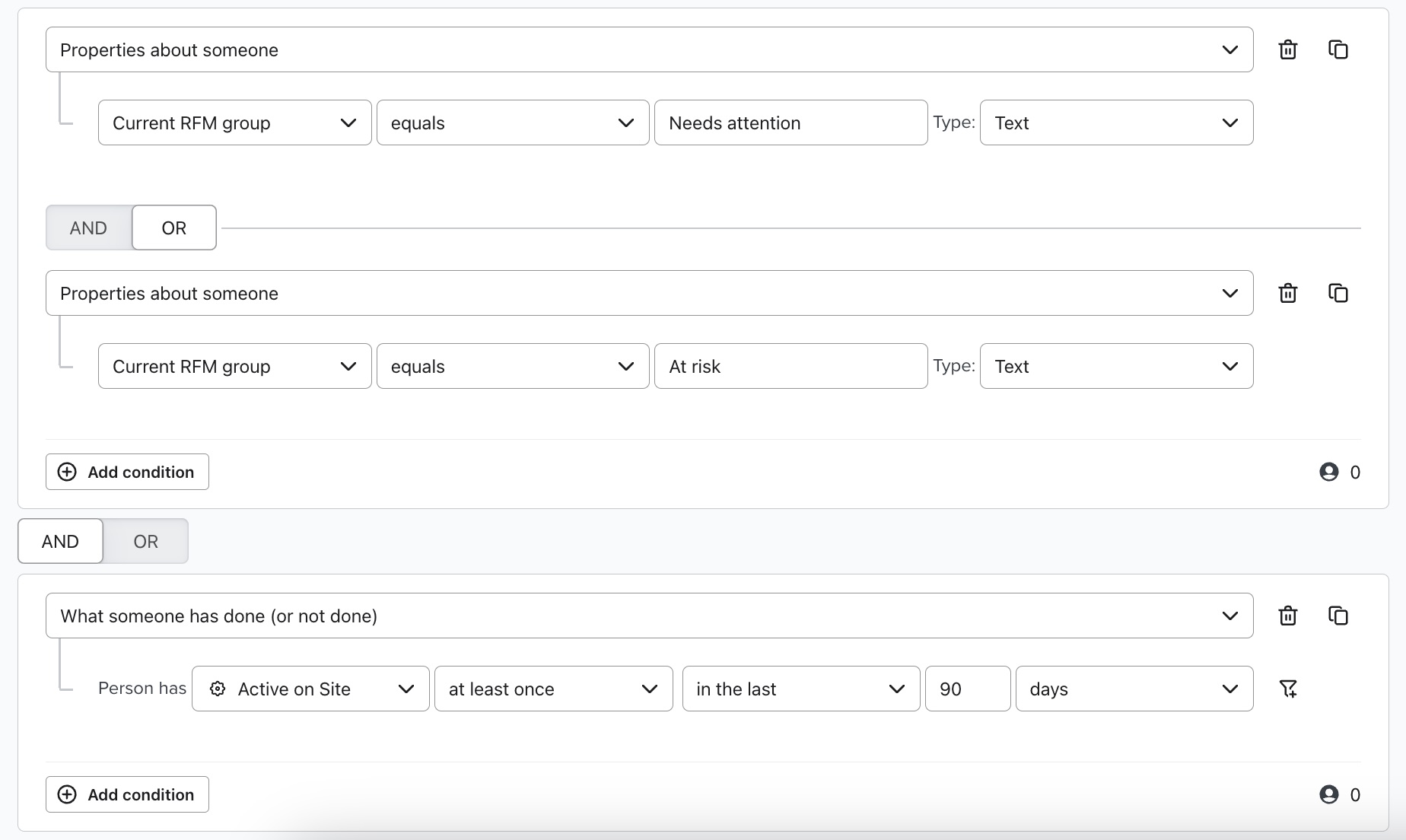 segment du profil Inactive ou At risk qui a récemment navigué sur votre site