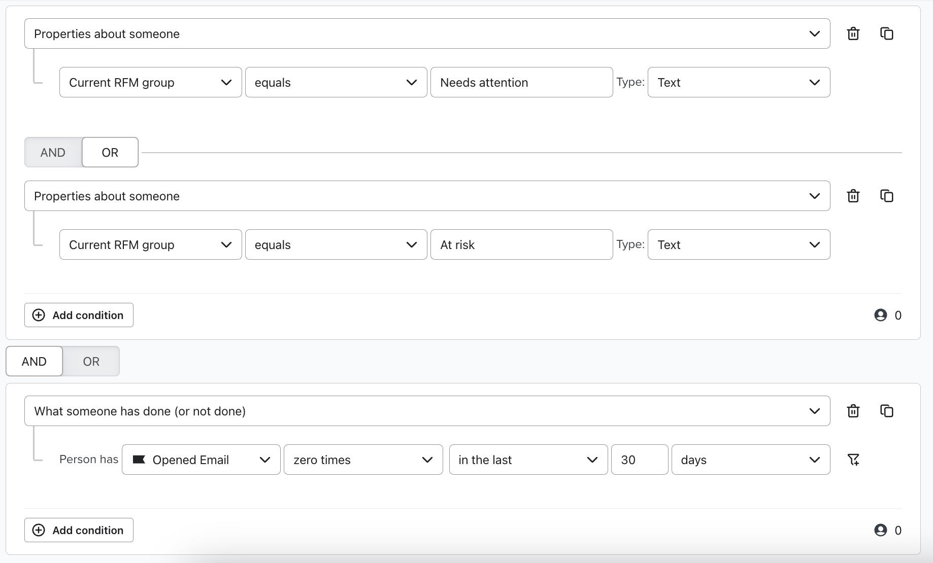 segment de Inactive ou At risk profil qui n'a pas ouvert d'e-mail au cours des 30 derniers jours