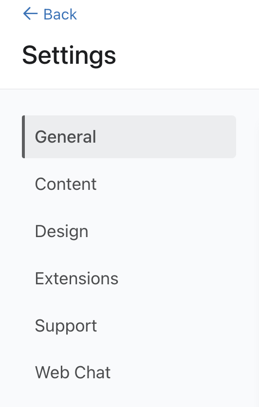 The Customer Hub settings menus that display after you click Settings on the Customer Hub dashboard.