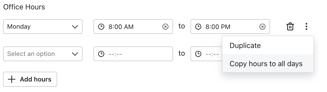 An example brand's office hours configured in the Web chat menu settings.