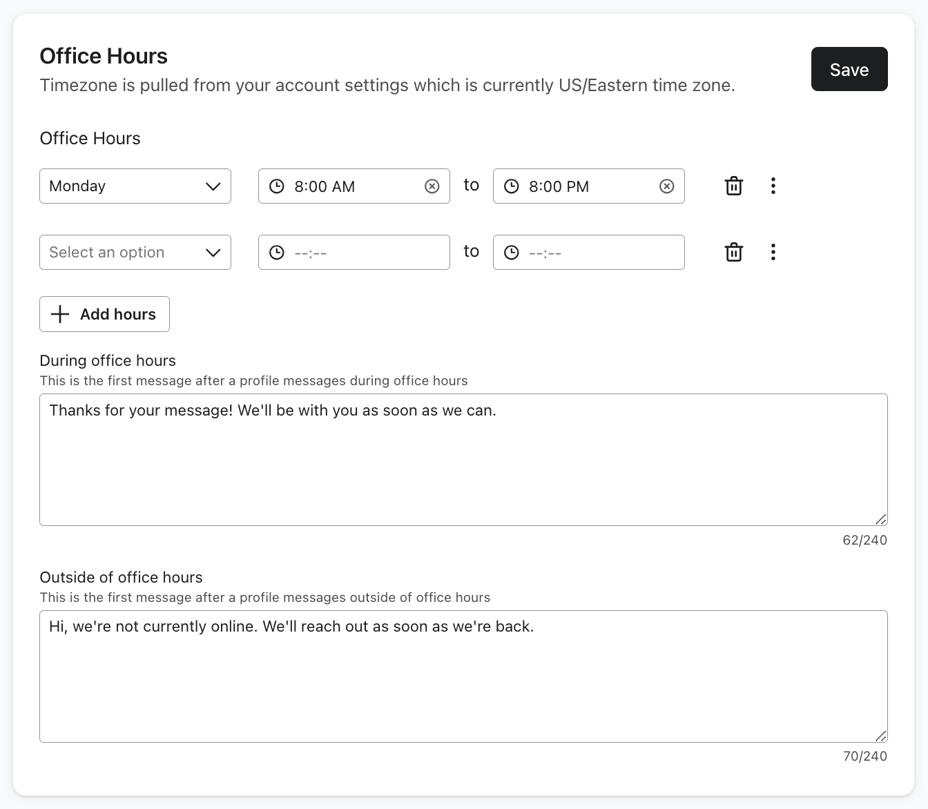 The Office hours section on the Web chat menu where you can configure your brand's office hours showing hours and out of office messages for an example brand.