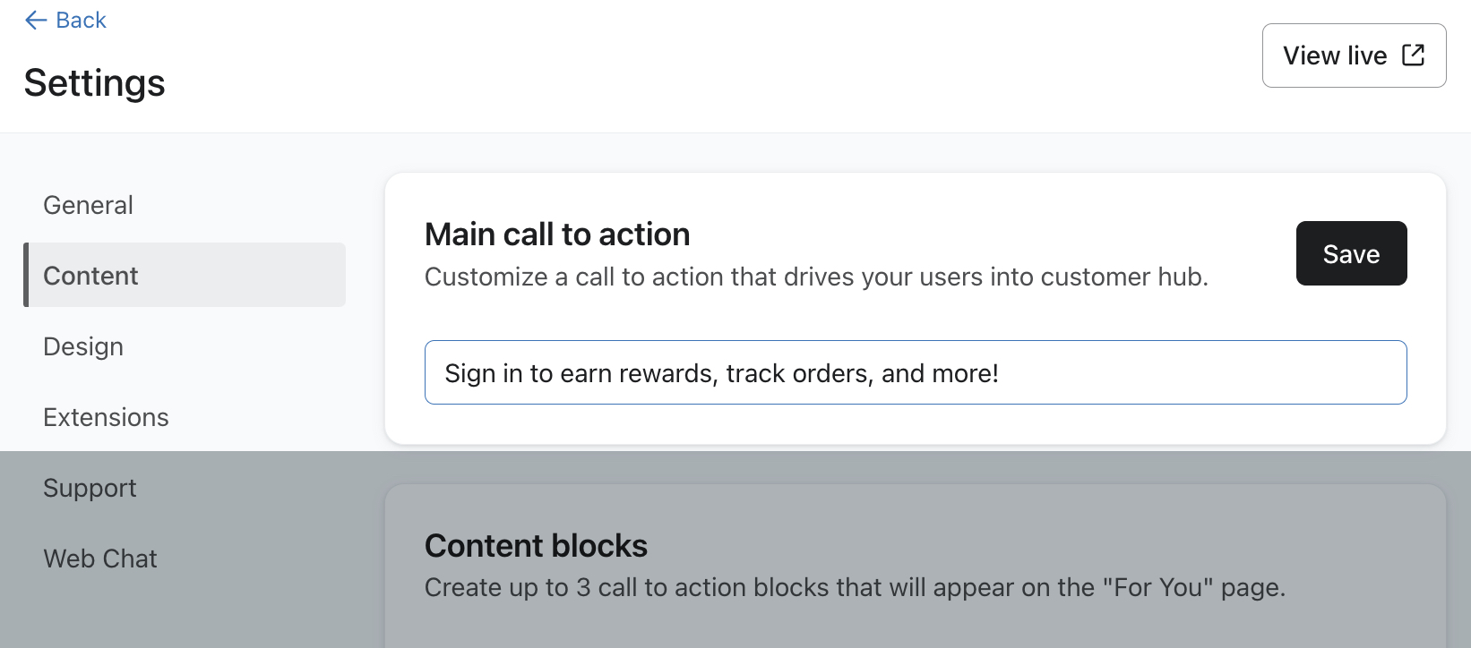 The Main call to action section on the Content settings menu in the Customer Hub tab in Klaviyo.