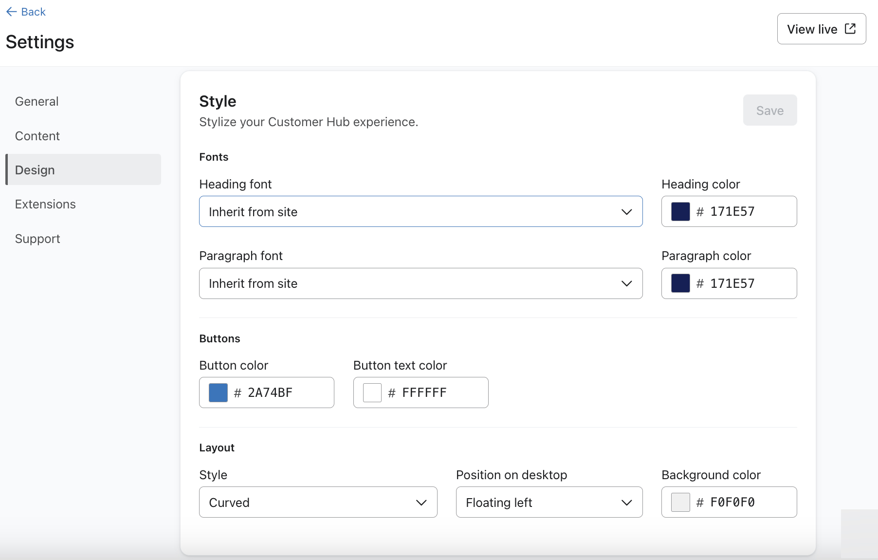 The Design menu in Customer Hub settings in Klaviyo showing all styling options for customizing a Customer Hub drawer.