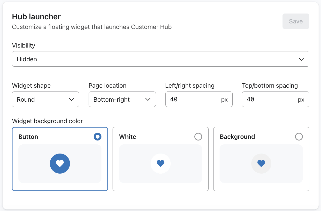 The hub launcher widget styling menu on the Design settings page showing an example hub launcher set to hidden but with some styling configured.