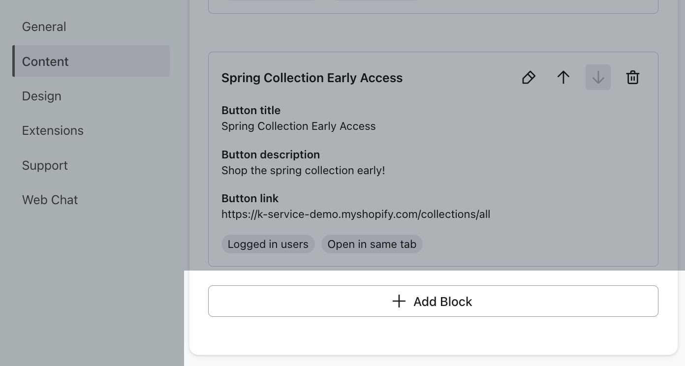 The Content menu in Customer Hub settings in Klaviyo showing the Add Block button highlighted.