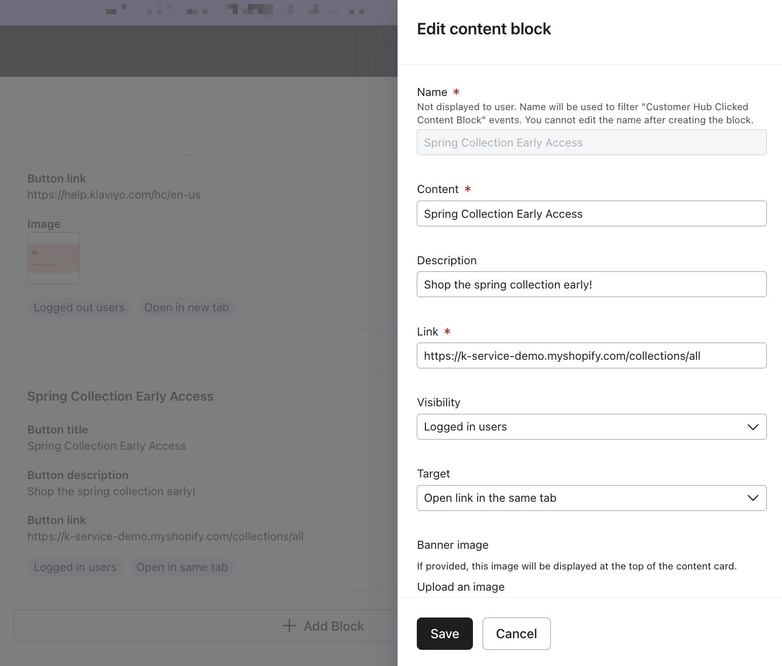 The Edit content block modal for an brand's content block that sends shoppers to a certain collection.