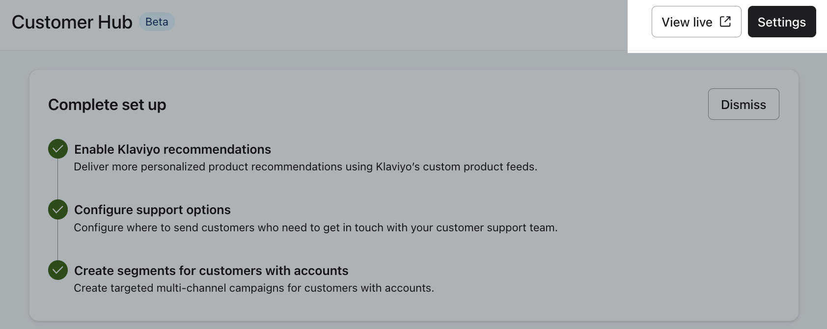 The Settings button highlighted in the top right corner of the Customer Hub dashboard in Klaviyo