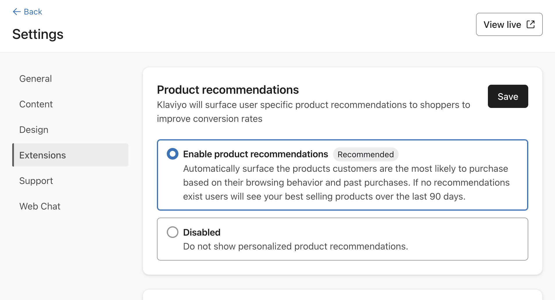 The Extensions menu in Customer Hub settings in Klaviyos showing Product recommendations toggled on.