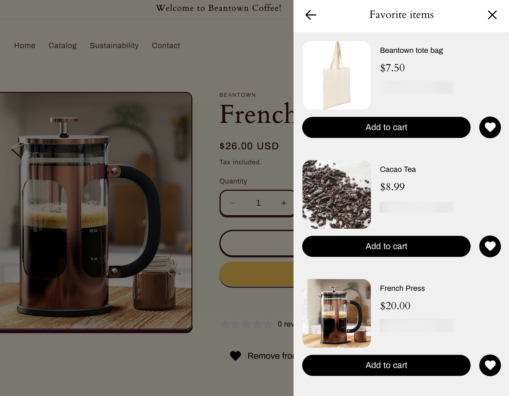 The Favorites section of Customer Hub expanded and displaying a shopper's favorited items in the list view.