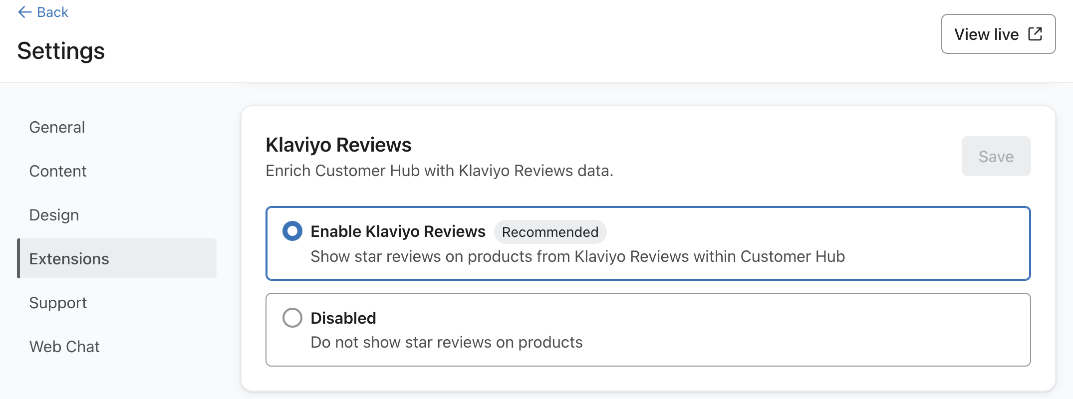 The Extensions menu in Customer Hub settings in Klaviyo showing Klaviyo Reviews enabled.