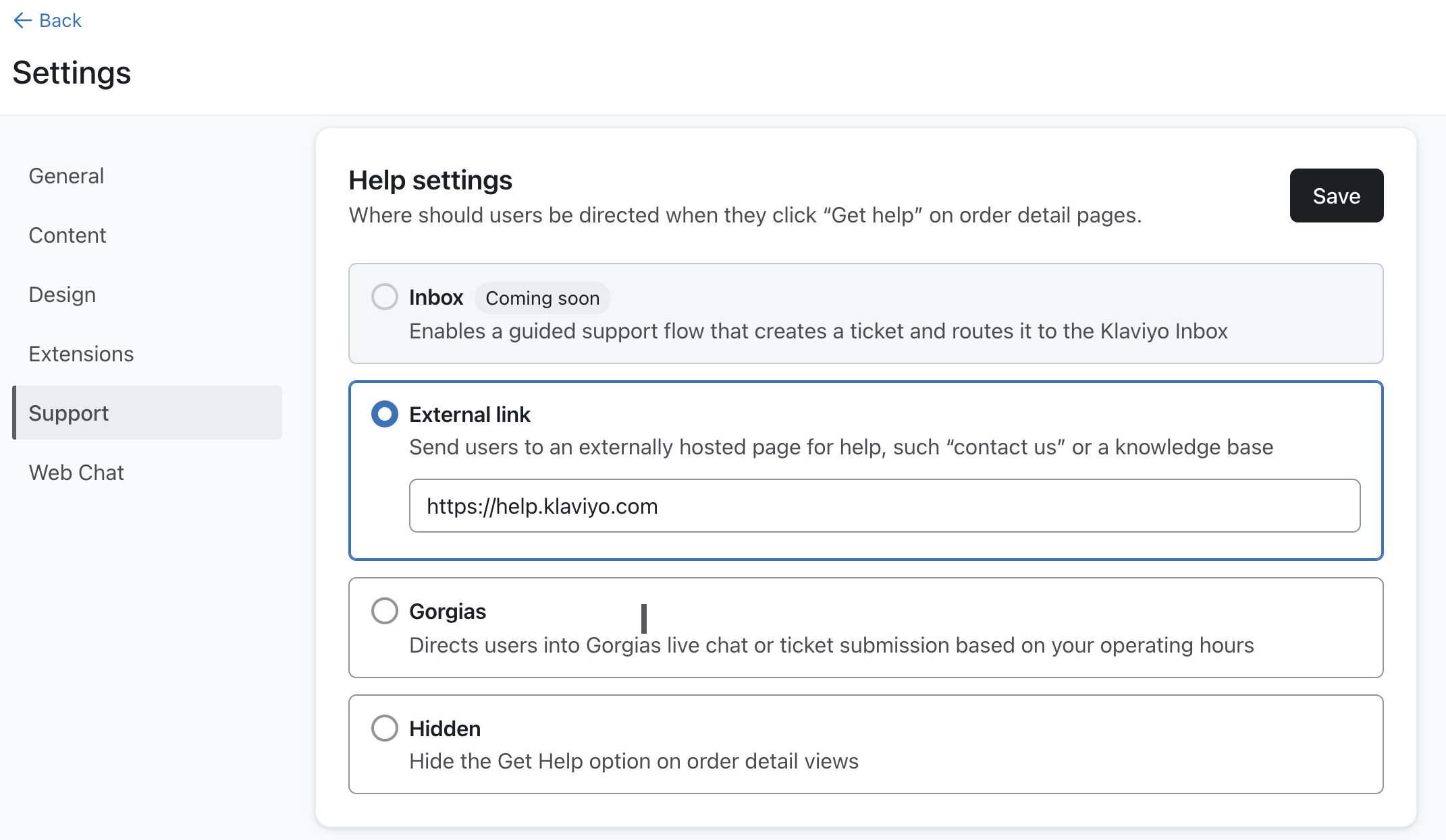 The Support menu open in Customer Hub settings in Klaviyo showing External link selected under Help settings.