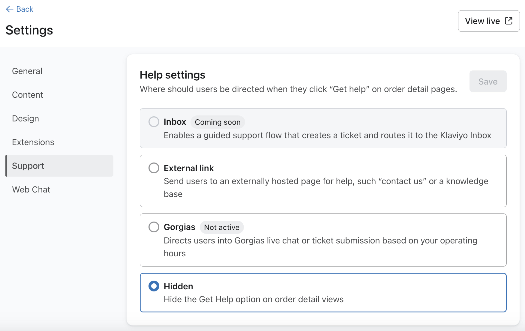 The Support menu open in Customer Hub settings in Klaviyo showing Disabled selected under Help settings.