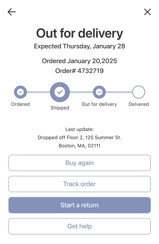 An example order details page for a recently delivered order in Customer Hub interface showing the Start a return button alongside other support options.