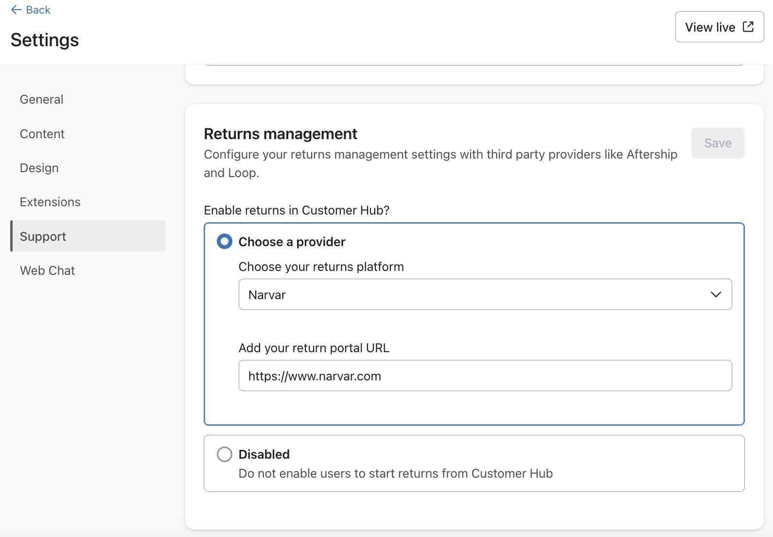 The Support menu in Customer Hub settings in Klaviyo showing Returns management enabled and Narvar chosen as the returns provider.