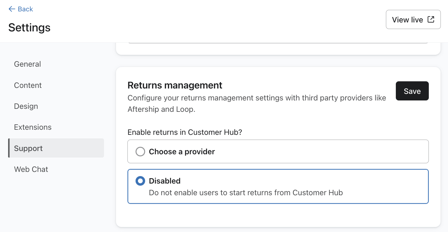 The Support menu in Customer Hub settings in Klaviyo showing Returns management disabled