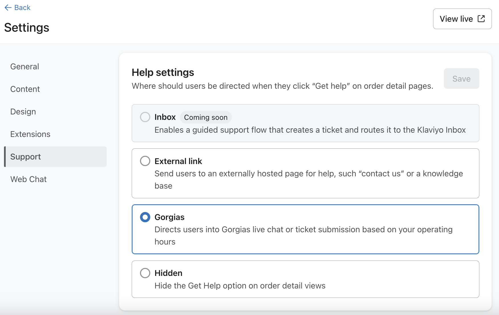 The Support menu in Customer Hub settings in Klaviyo showing Gorgias selected under Help settings.