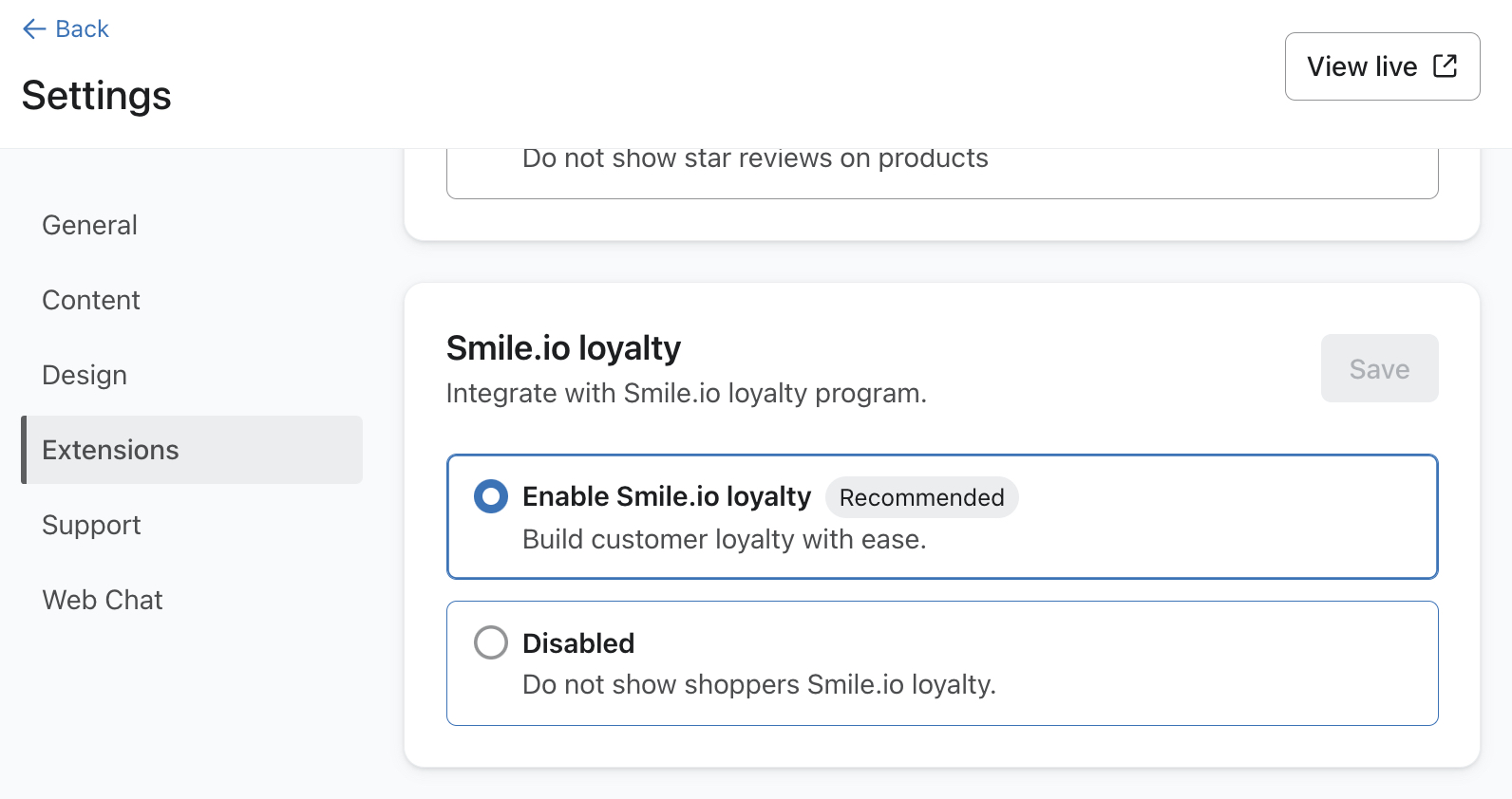 The Extensions menu in Customer Hub settings in Klaviyo showing Smile.io loyalty enabled.