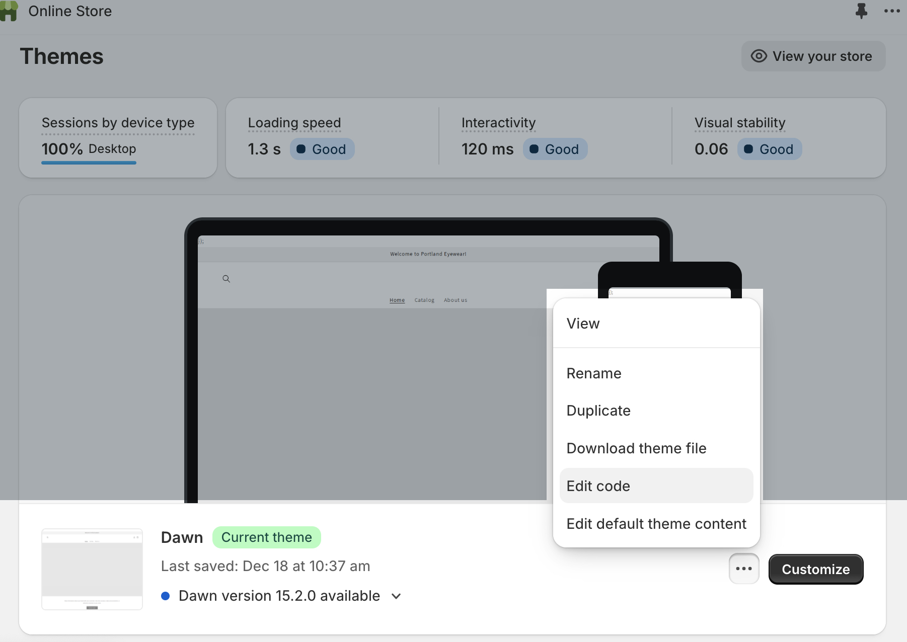 Il menu Opzioni aggiuntive a 3 punti selezionato su un tema corrente nel backend di Shopify.