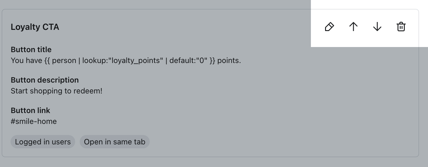 As setas para cima e para baixo destacadas no canto superior direito de um bloco de conteúdo existente nas configurações de conteúdo do Klaviyo Customer Hub em Klaviyo.