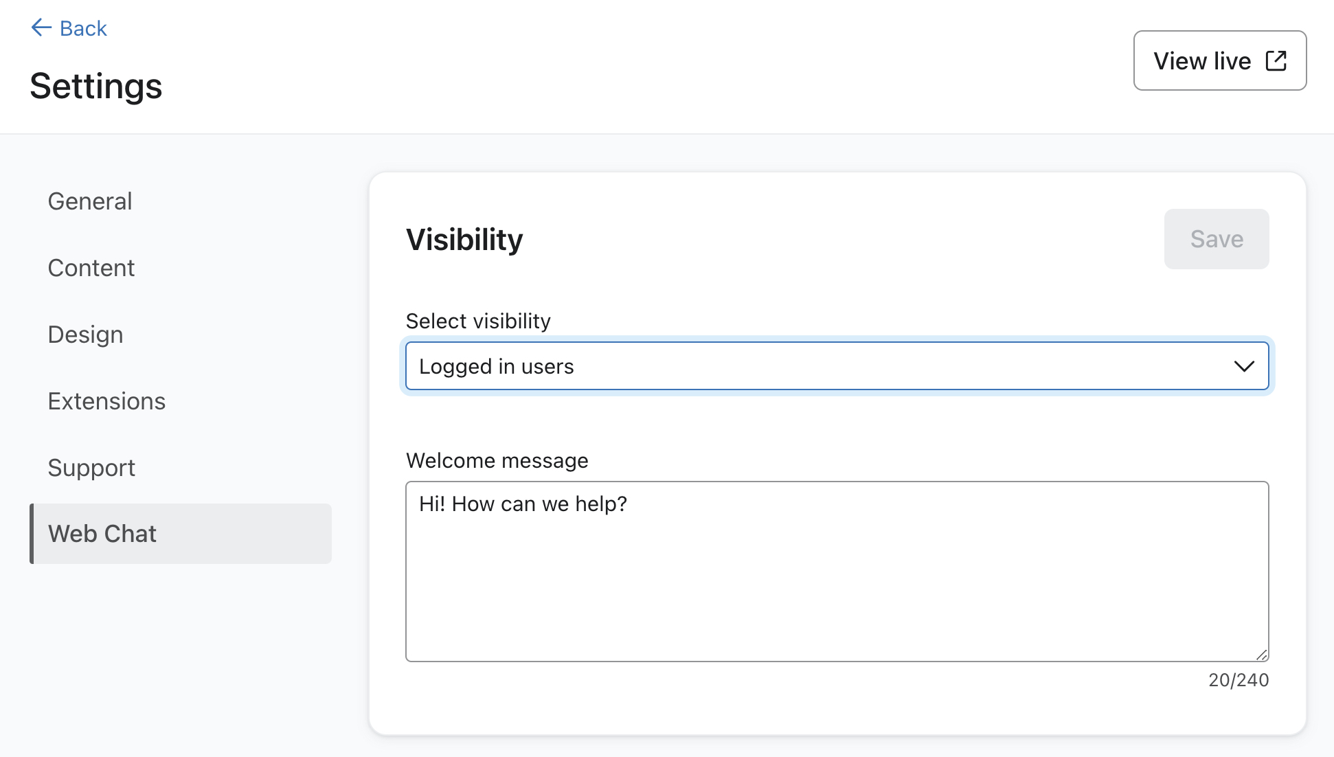 Il menu della chat web in Klaviyo Customer Hub mostra la visibilità della chat web solo per gli utenti Accedi e un esempio di messaggio di benvenuto configurato.