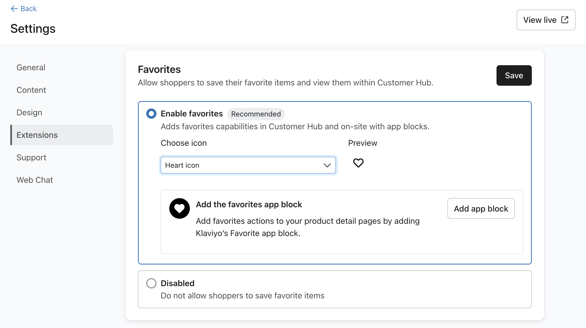 O menu Extensões nas configurações do Klaviyo Customer Hub em Klaviyo mostra o habilitar Favoritos e o ícone de coração selecionado.