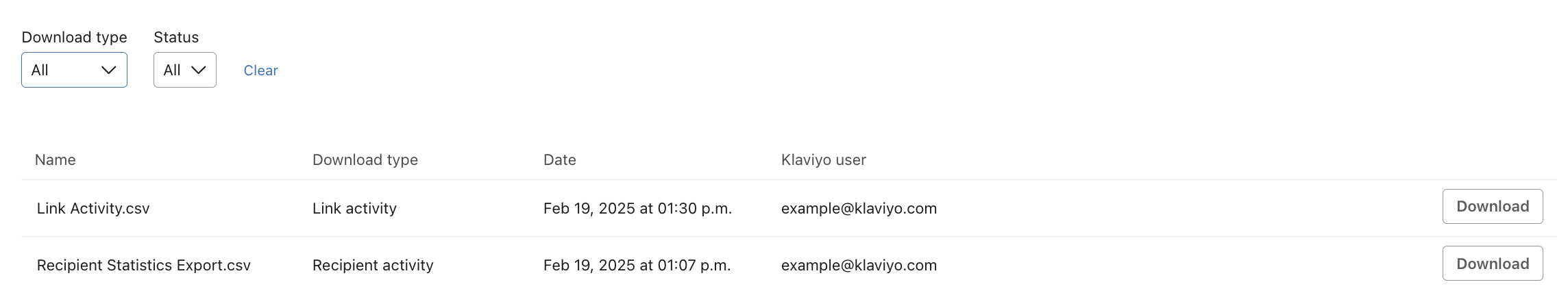 Recent exports in Klaviyo