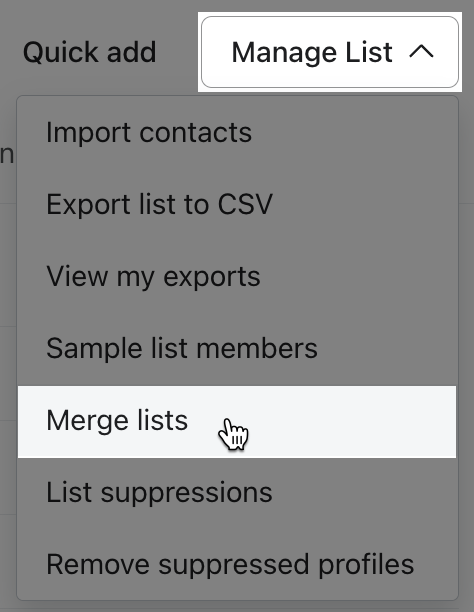 Merge lists option in the Manage List dropdown