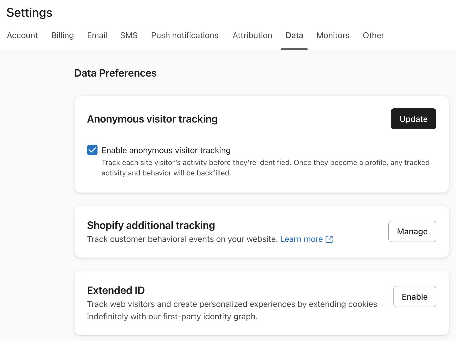 Data tab, showing the Anonymous visitor tracking option