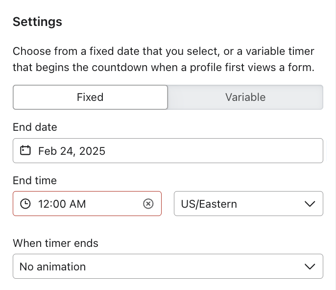 Countdown timer settings