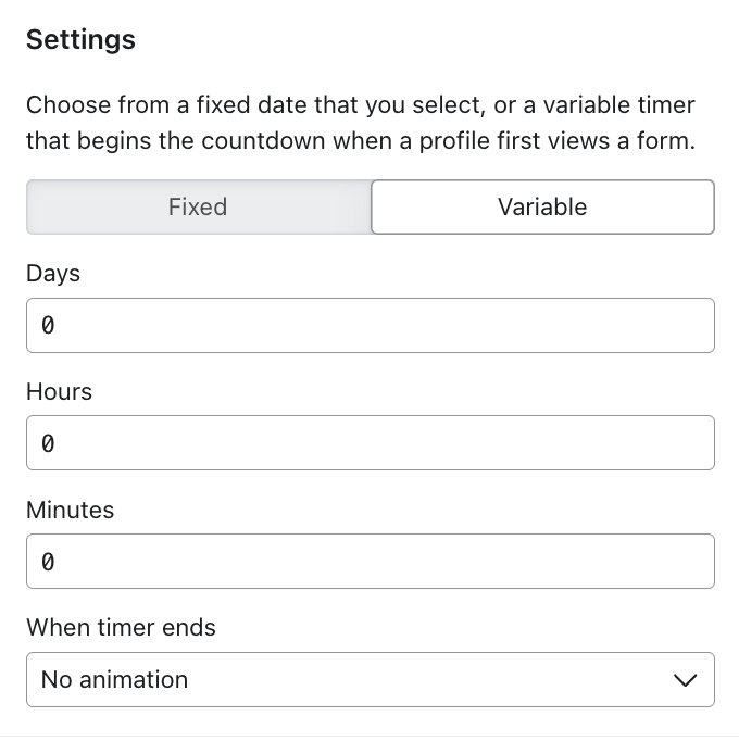 Variable settings for countdown timer