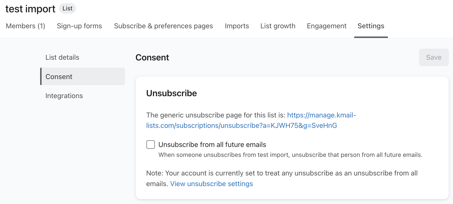 A shareable unsubscribe link in a list's settings