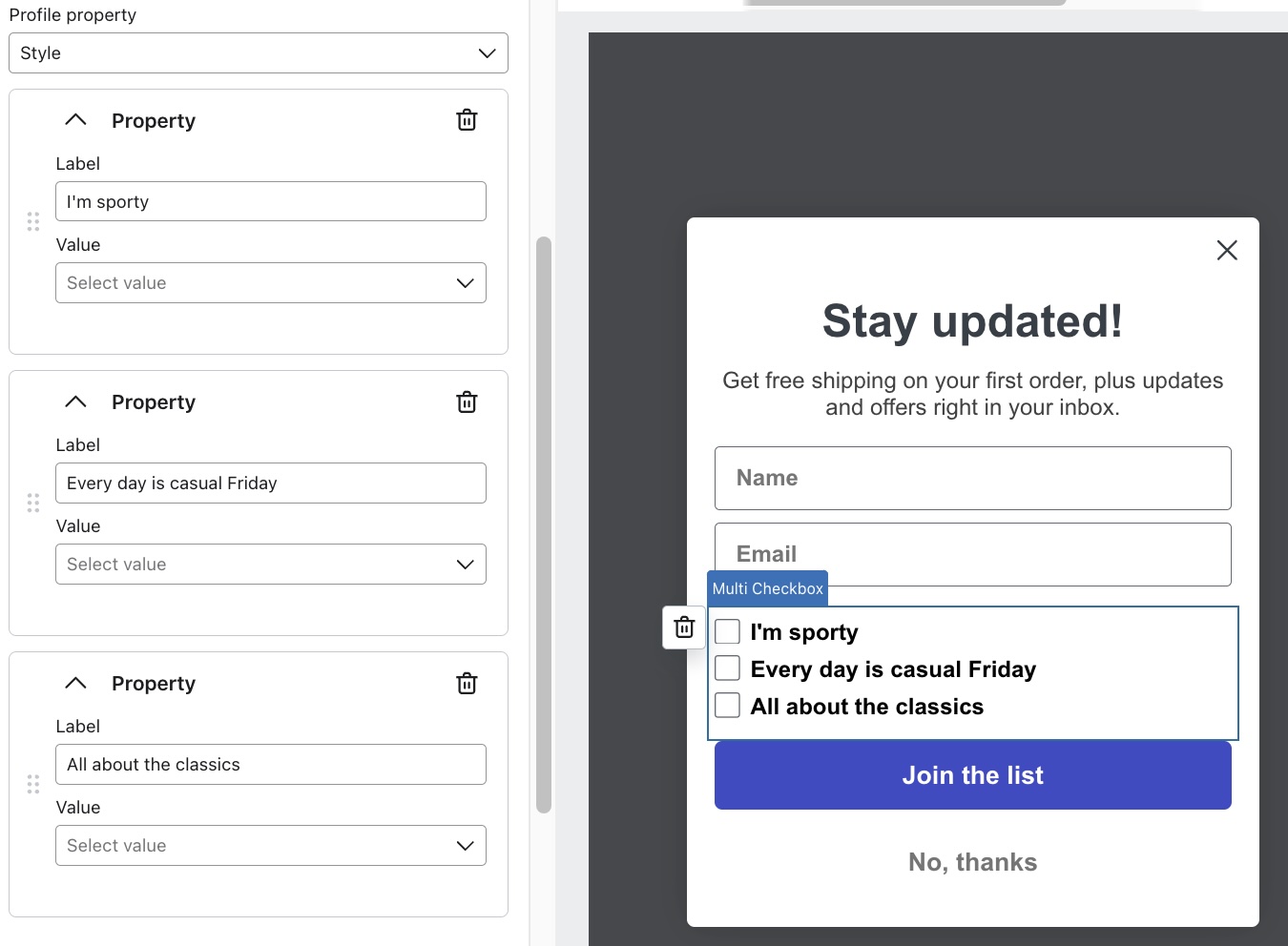 Multi checkbox block settings